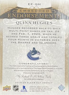 Quinn Hughes - 2019-20 Upper deck Clear cut Rookies Embedded endorsements /25 EE-QH