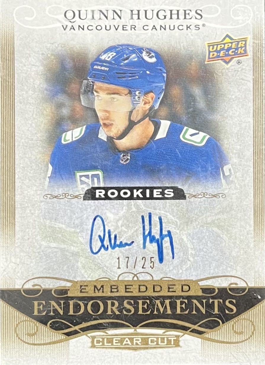 Quinn Hughes - 2019-20 Upper deck Clear cut Rookies Embedded endorsements /25 EE-QH