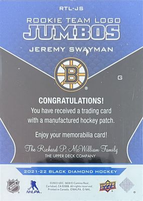 Jeremy Swayman - 2021-22 Upper deck Black diamond Rookie team logo jumbos RTL-JS