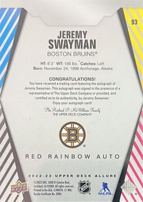 Jeremy Swayman - 2022-23 Upper deck Allure Red rainbow auto #93