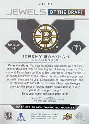 Jeremy Swayman - 2021-22 Upper deck Black diamond Jewels of the draft /99 JD-JS