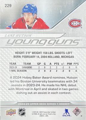 Lane Hutson 2024-25 Upper deck Series one Young guns #229