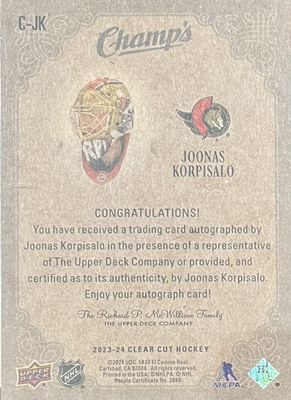 Joonas Korpisalo - 2023-24 Upper deck Clear cut Champ's /50  C-JK