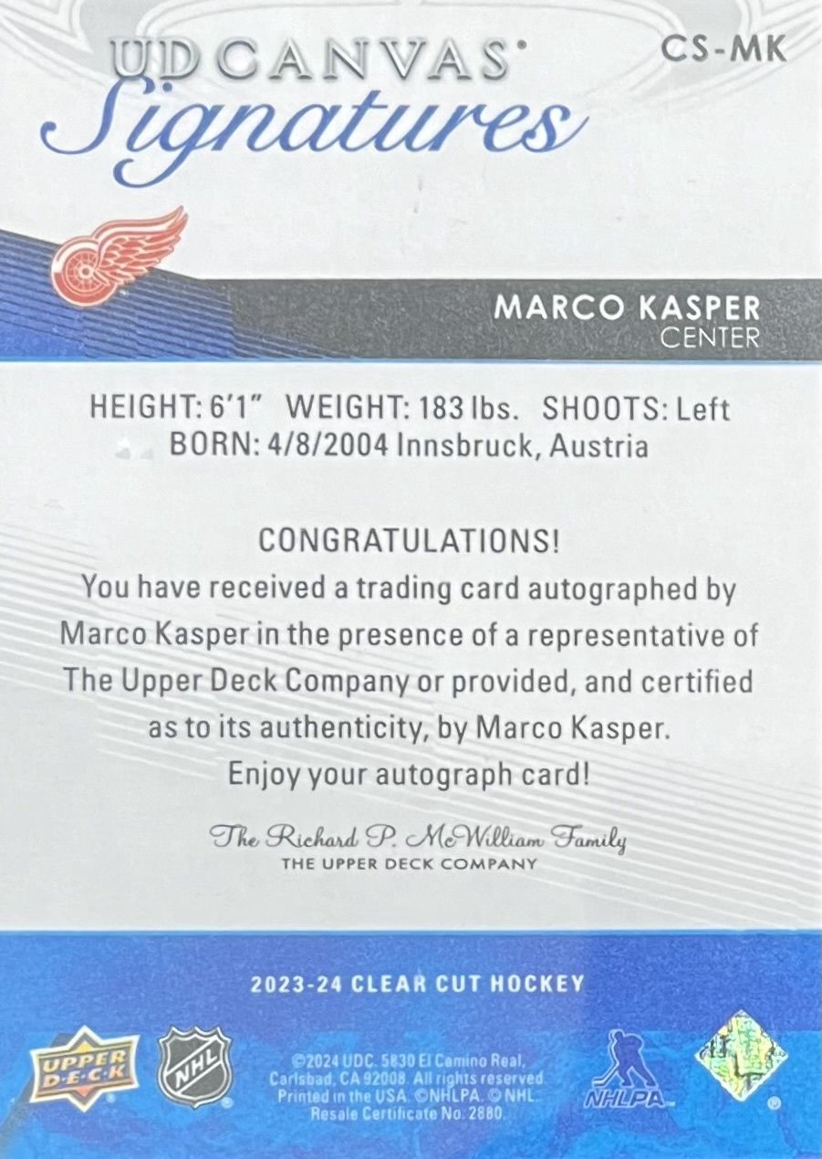 Marco Kasper - 2023-24 Upper deck Clear cut UD Canvas Inscribed 76/92 CS-MK