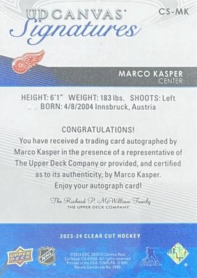 Marco Kasper - 2023-24 Upper deck Clear cut UD Canvas Inscribed 76/92 CS-MK