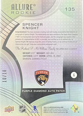 Spencer Knight - 2021-22 Upper deck Allure Rookie Purple diamond auto patch 10/10 (LAST PRINT) #135