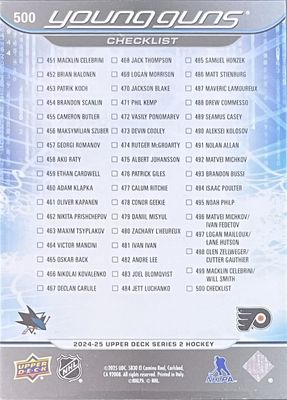 Macklin Celebrini Matvei Michkov - Upper deck Series two Young guns checklist /250 Deluxe #500