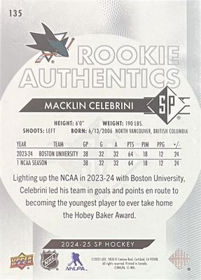 Macklin Celebrini - 2024-25 SP Hockey Rookie authentics Foilboard #135