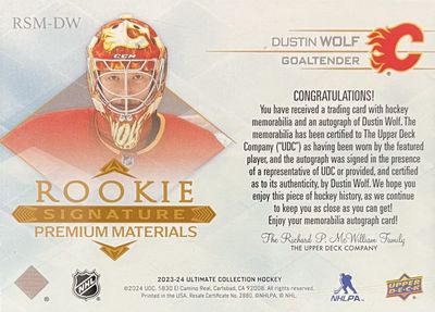 Dustin Wolf - 2023-24 Upper Deck Ultimate Rookie signatures premium materials /65
