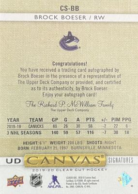 Brock Boeser - 2019-20 Upper Deck Clear cut UD Canvas signatures  1/6 inscribed