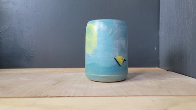 Blue & Yellow Bird Stoneware Pot