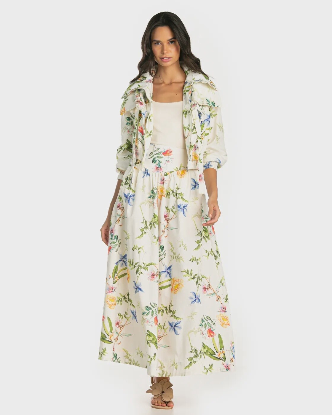 CONJUNTO JAQUETA E SAIA LONGA ESTAMPADO