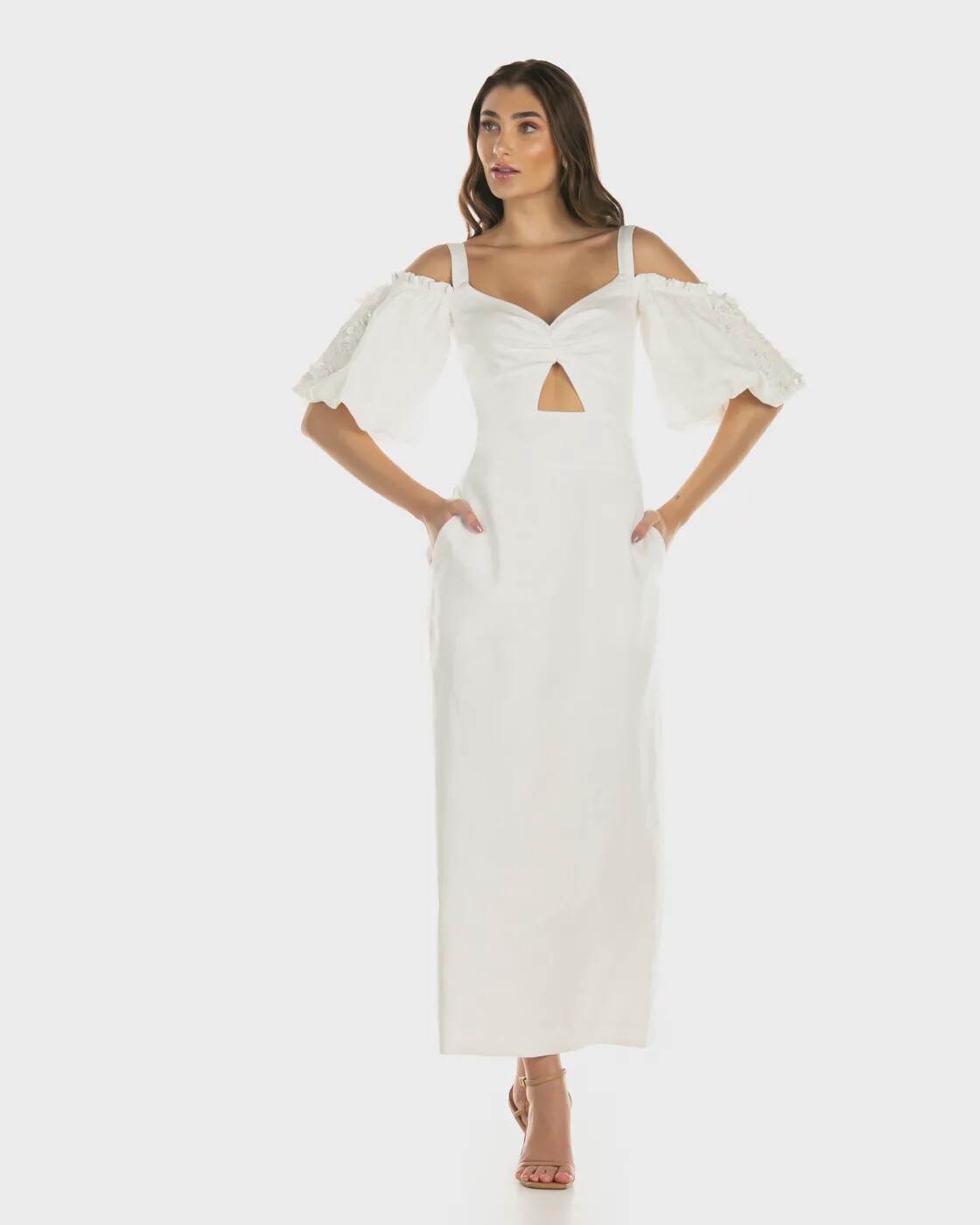 VESTIDO MIDI RECORTE E RENDA, SIZE: P