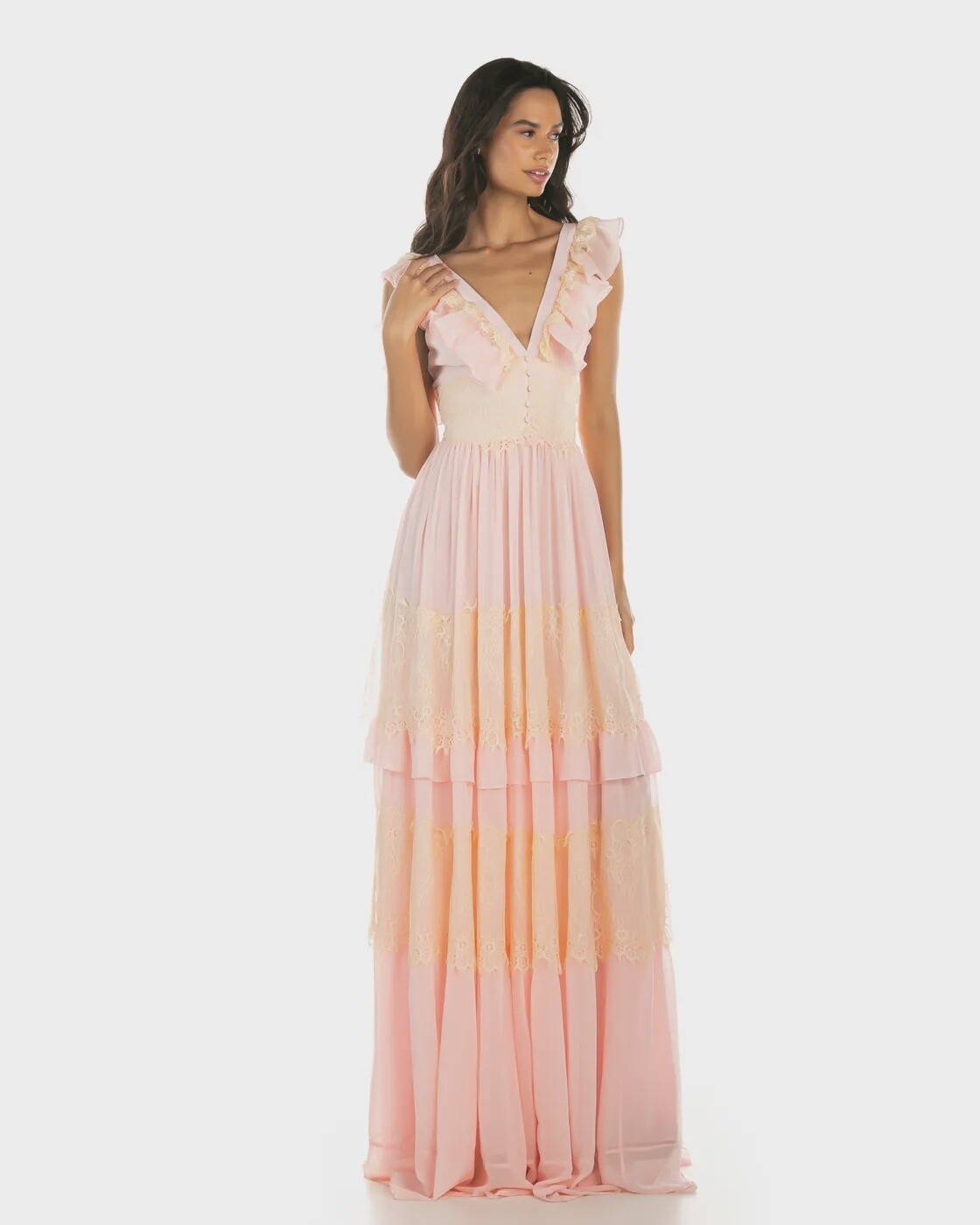 VESTIDO LONGO BABADO E RENDA CHANTILLY