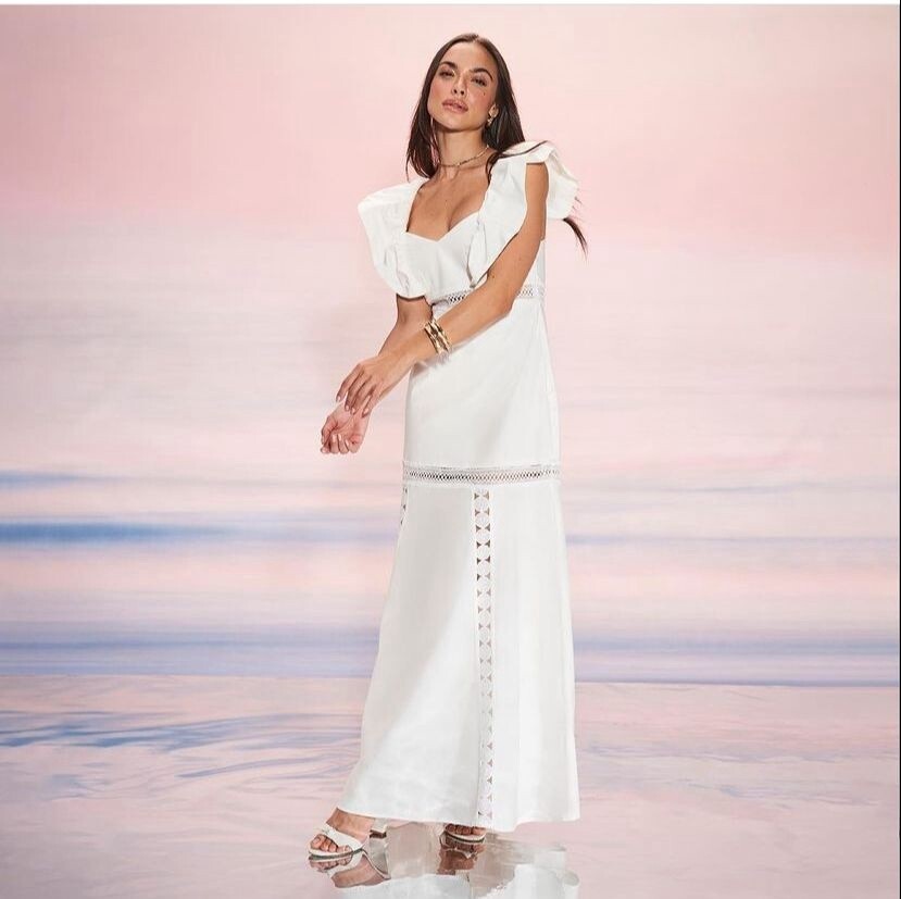 VESTIDO LONGO MANGA BABADO E RENDA, COR: BRANCO, SIZE: 38