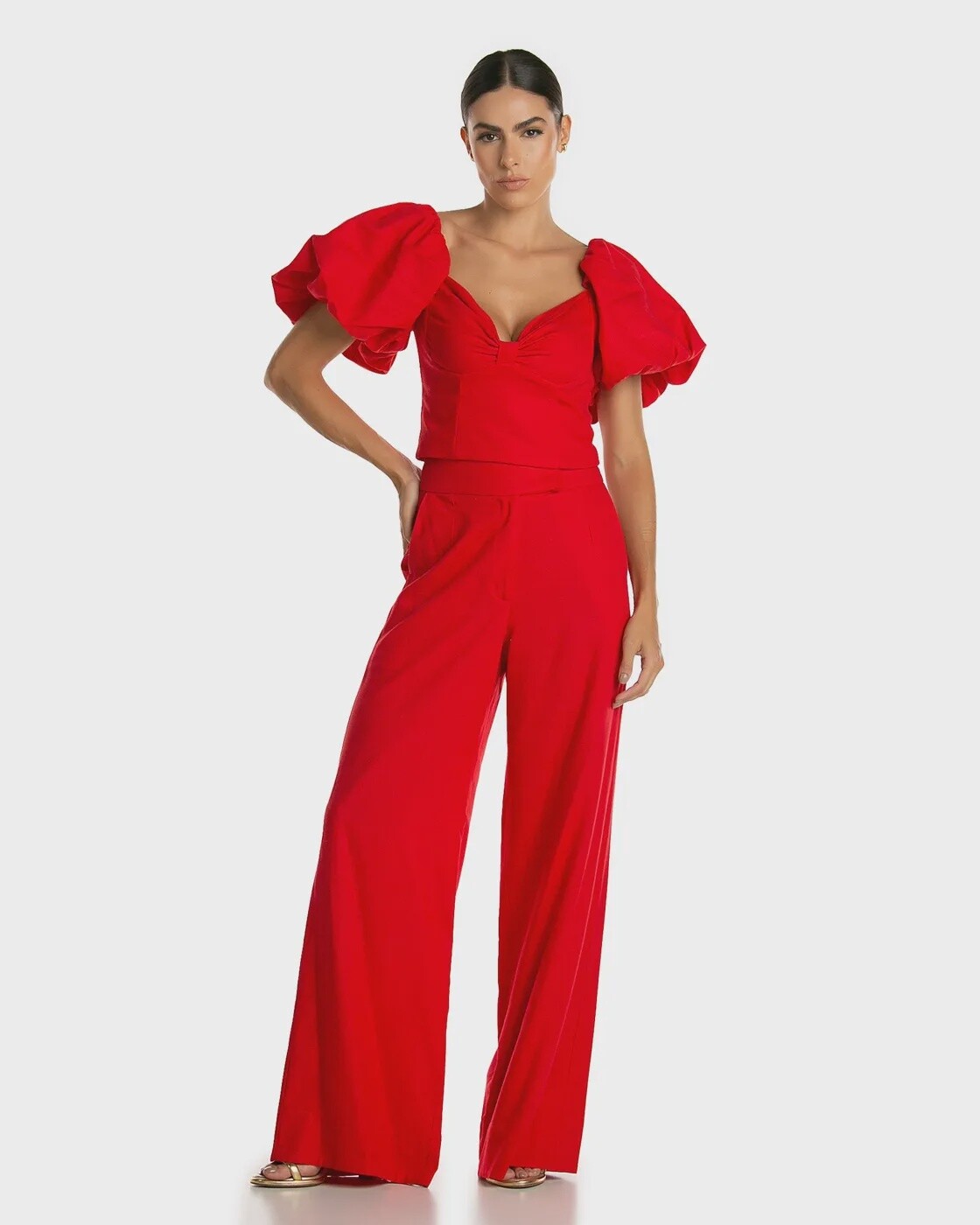 CONJUNTO VERMELHO CROPPED MANGA BUFANTE, SIZE: P