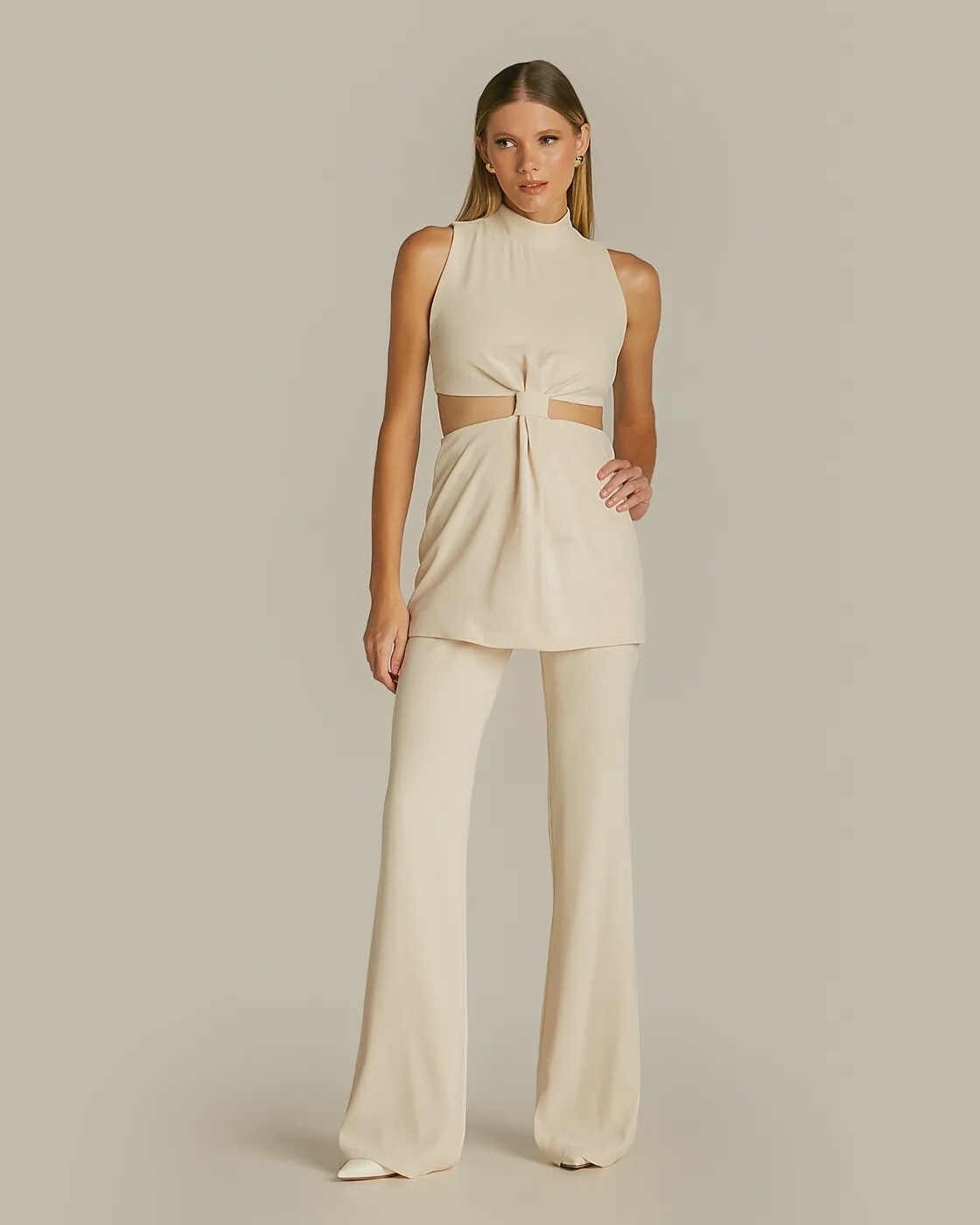CONJUNTO BEGE BLUSA RECORTE, SIZE: P