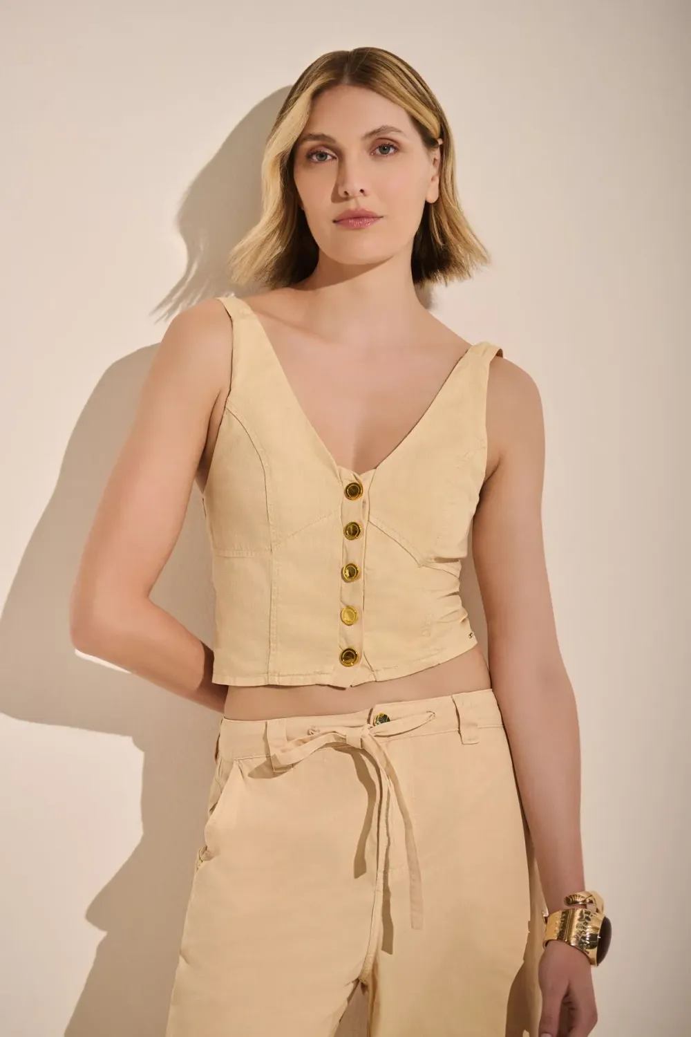 TOP FEM EM LINHO, COR: BEGE, SIZE: P