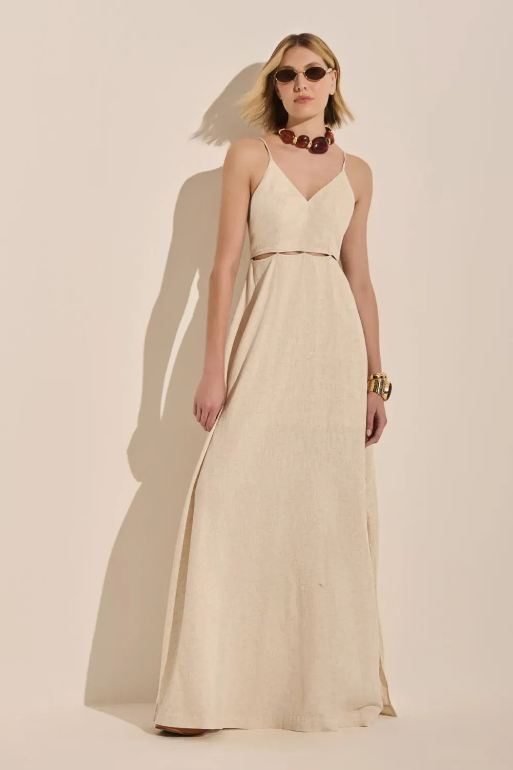 VESTIDO EM LINHO RECORTES, SIZE: P