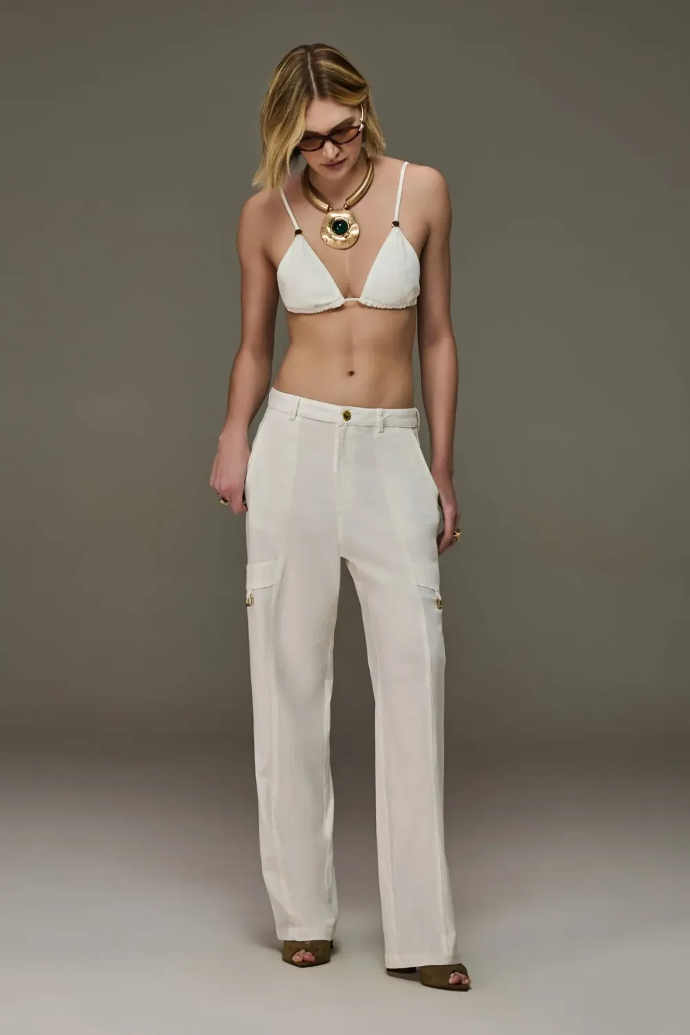Calça Feminina Reta Amaciada, COR: OFF WHITE, SIZE: P