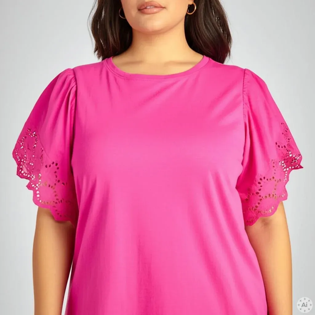 Only Carmakoma - Carhelena o-neck t-shirt met kanten mouwen - fuchsia fedora (roos)