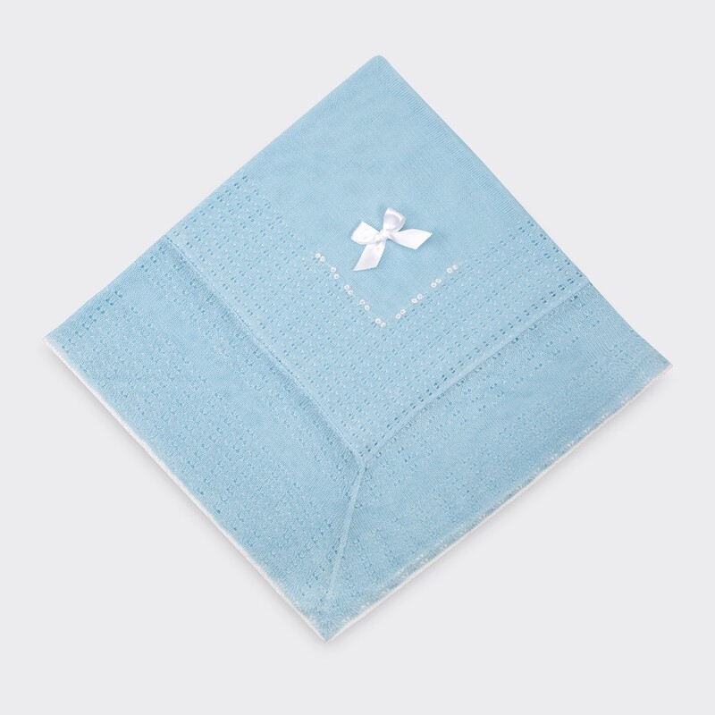 Sky Blue Patterned Baby Shawl with white bow