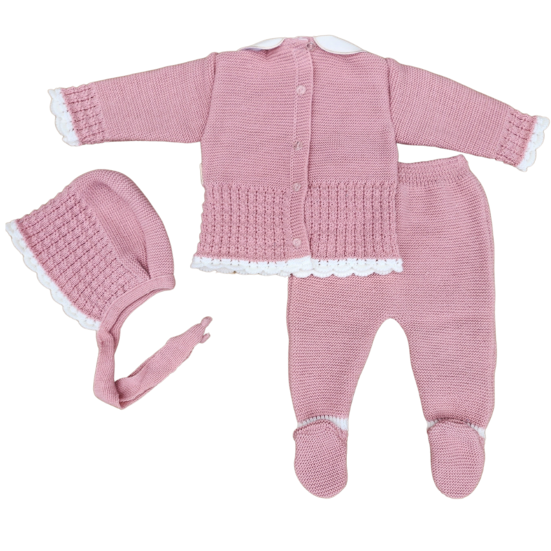 Lace Delight: Dusky Pink 3-Piece Knitted Set