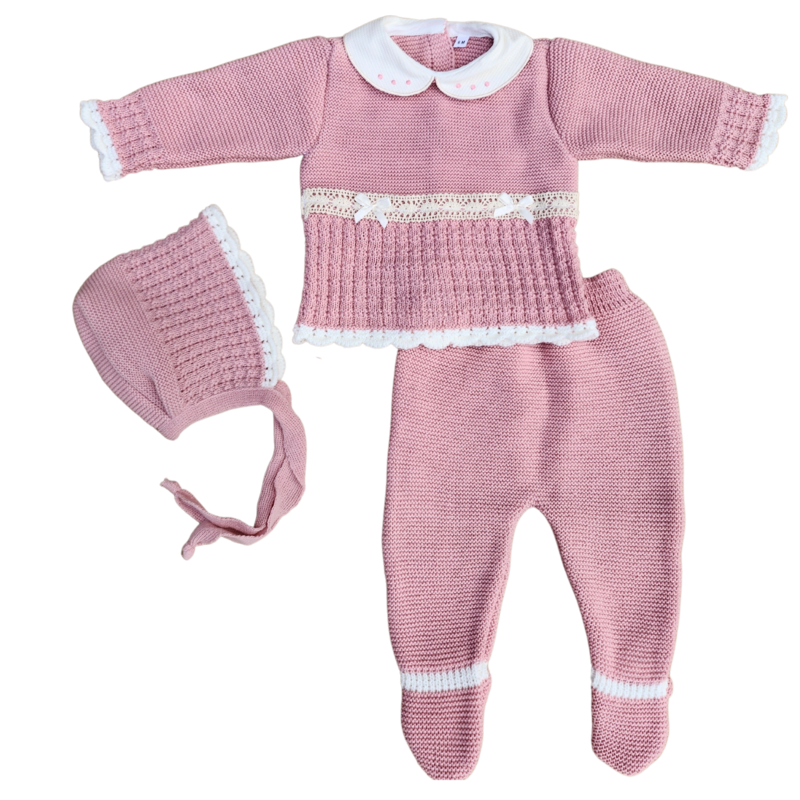 Lace Delight: Dusky Pink 3-Piece Knitted Set