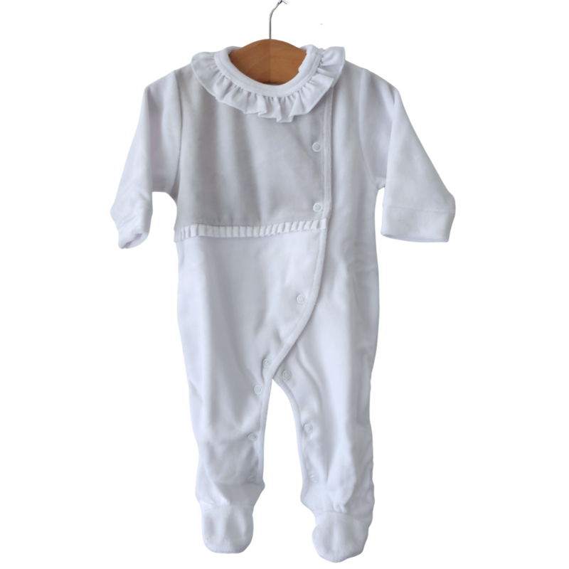 Ruffle Collar Velour Babygrow in White and Grey