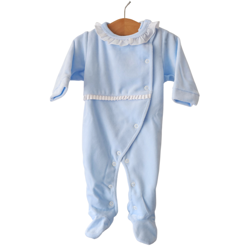 Ruffle Collar Velour Babygrow in Baby Blue
