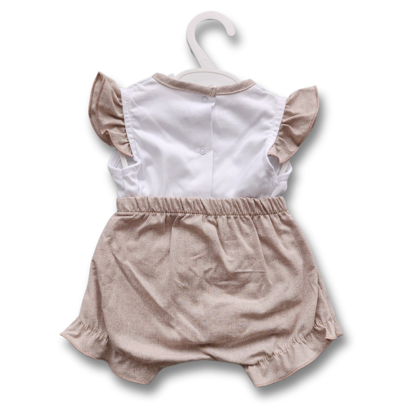 Baby Girl Cotton White and Sand 2 Pieces Outfit with Frilled Sleeves