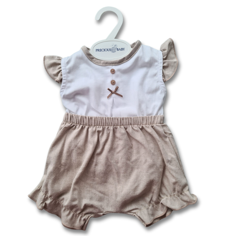 Baby Girl Cotton White and Sand 2 Pieces Outfit with Frilled Sleeves