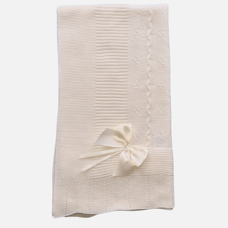 Cream Knitted Baby Shawl with Cream Bow