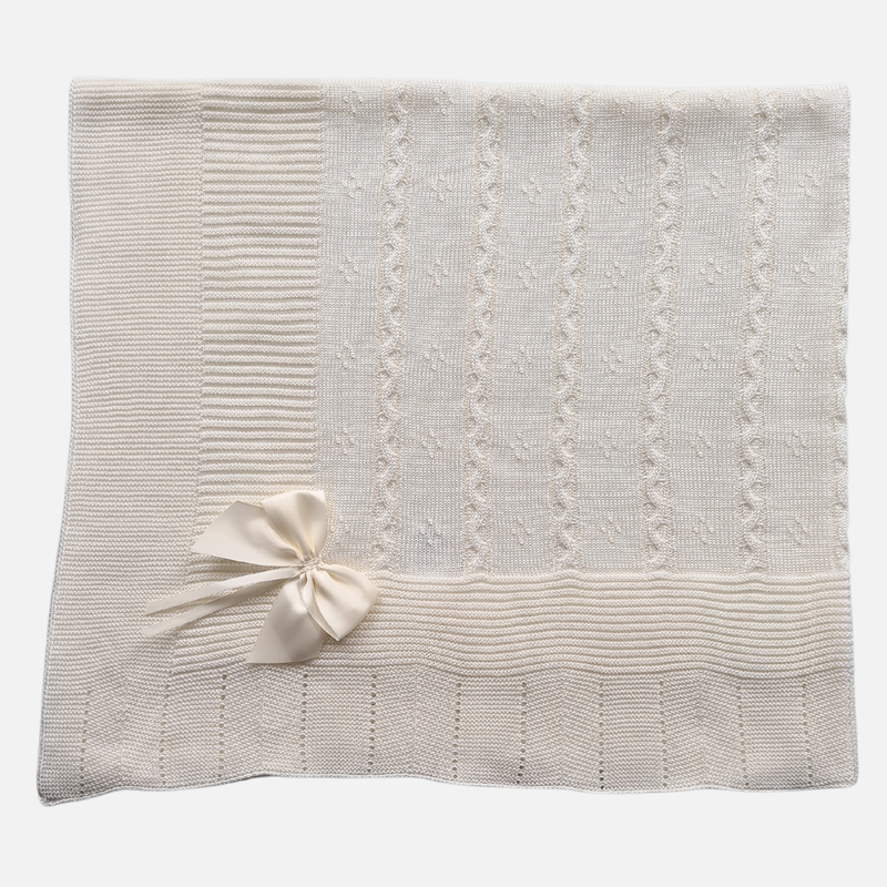 Cream Knitted Baby Shawl with Cream Bow