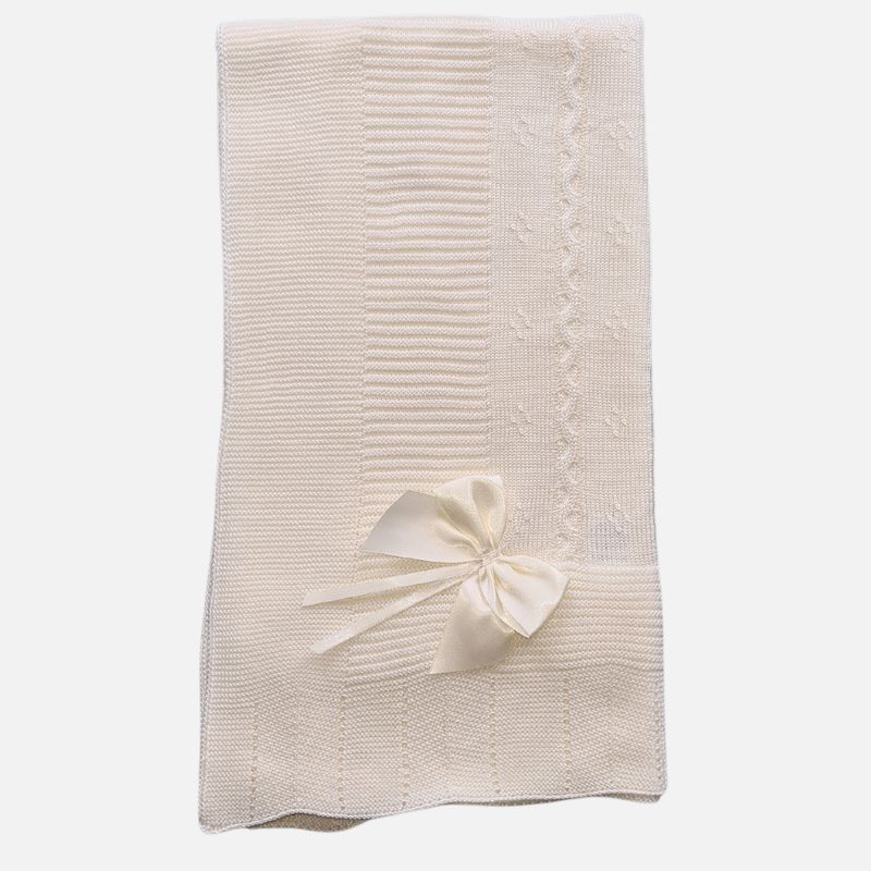 Cream Knitted Baby Shawl with Cream Bow