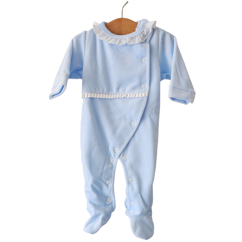 Ruffle Collar Velour Babygrow in Baby Blue