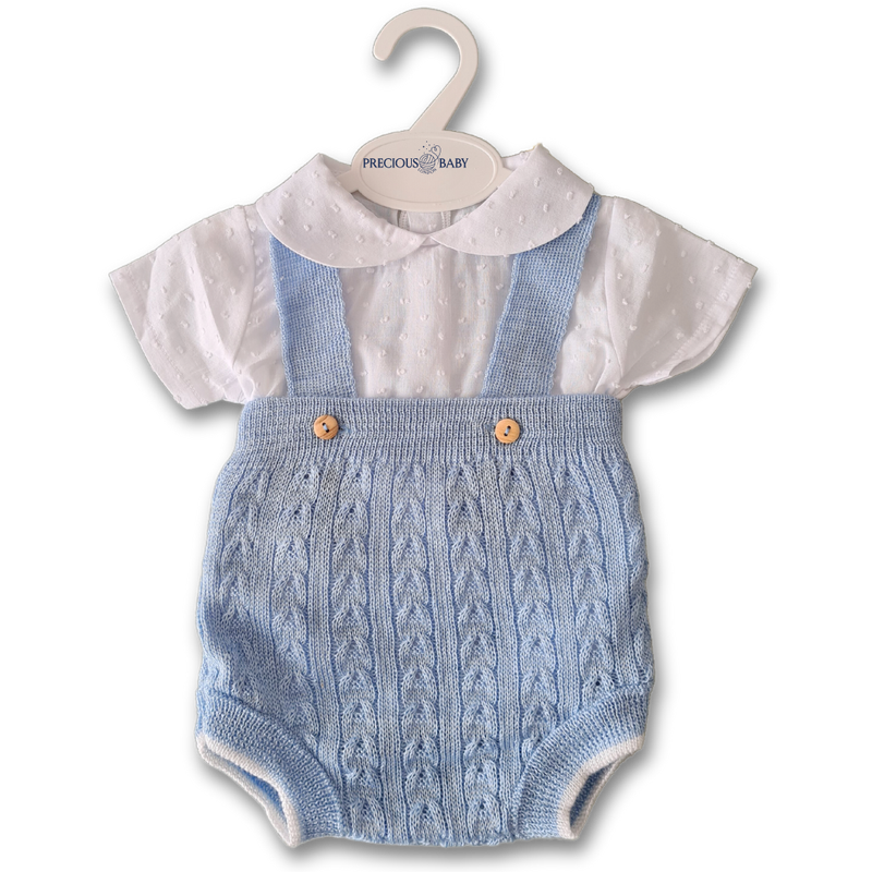 Powder Blue Knitted Dungaree Shorties with Cotton Shirt