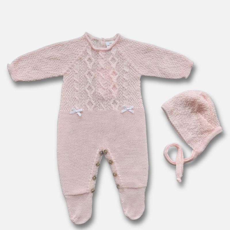 Pink Knitted Baby All In One with Bonnet