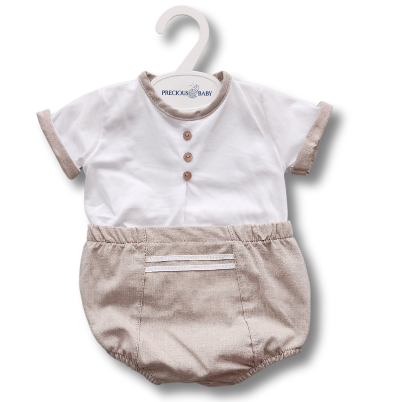 Baby Boy Cotton White and Sand 2 Pieces Outfit with Rolled-Up Sleeves