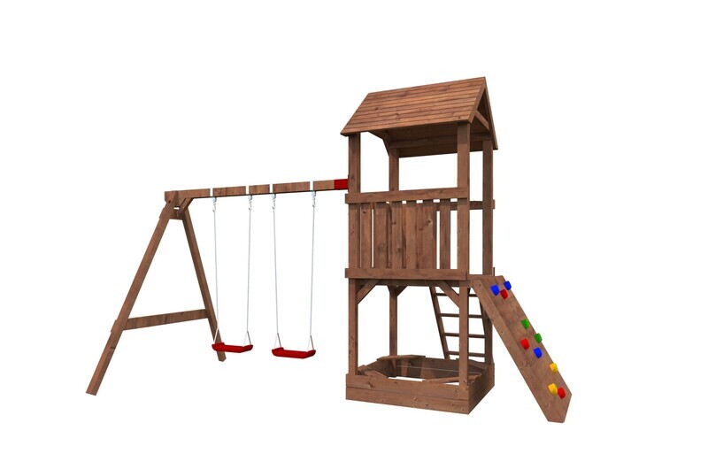 Aire de jeux  JESPER Set 3 - Tour avec toit + Mur d'escalade + Balançoire accolable