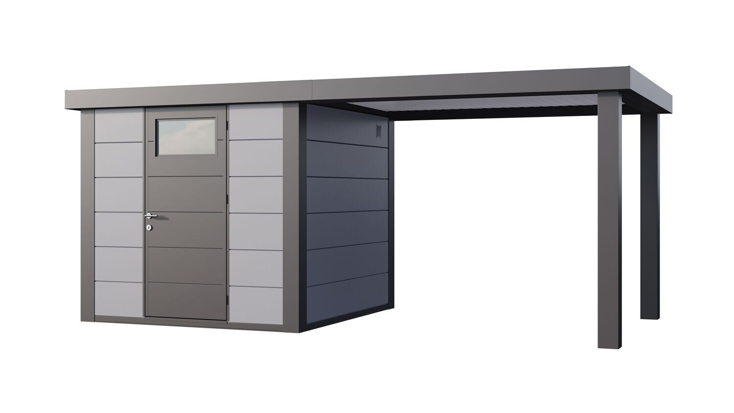 Abri de jardin en acier Eleganto 2424 de 5,7 m² avec auvent large ouvert de 6,8m² au choix