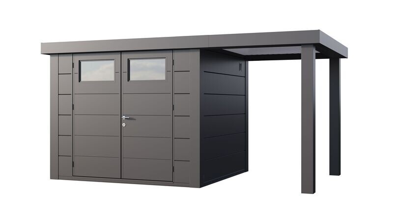 Abri de jardin en acier Eleganto 2724 de 6,4 m² avec auvent small ouvert de 4m²