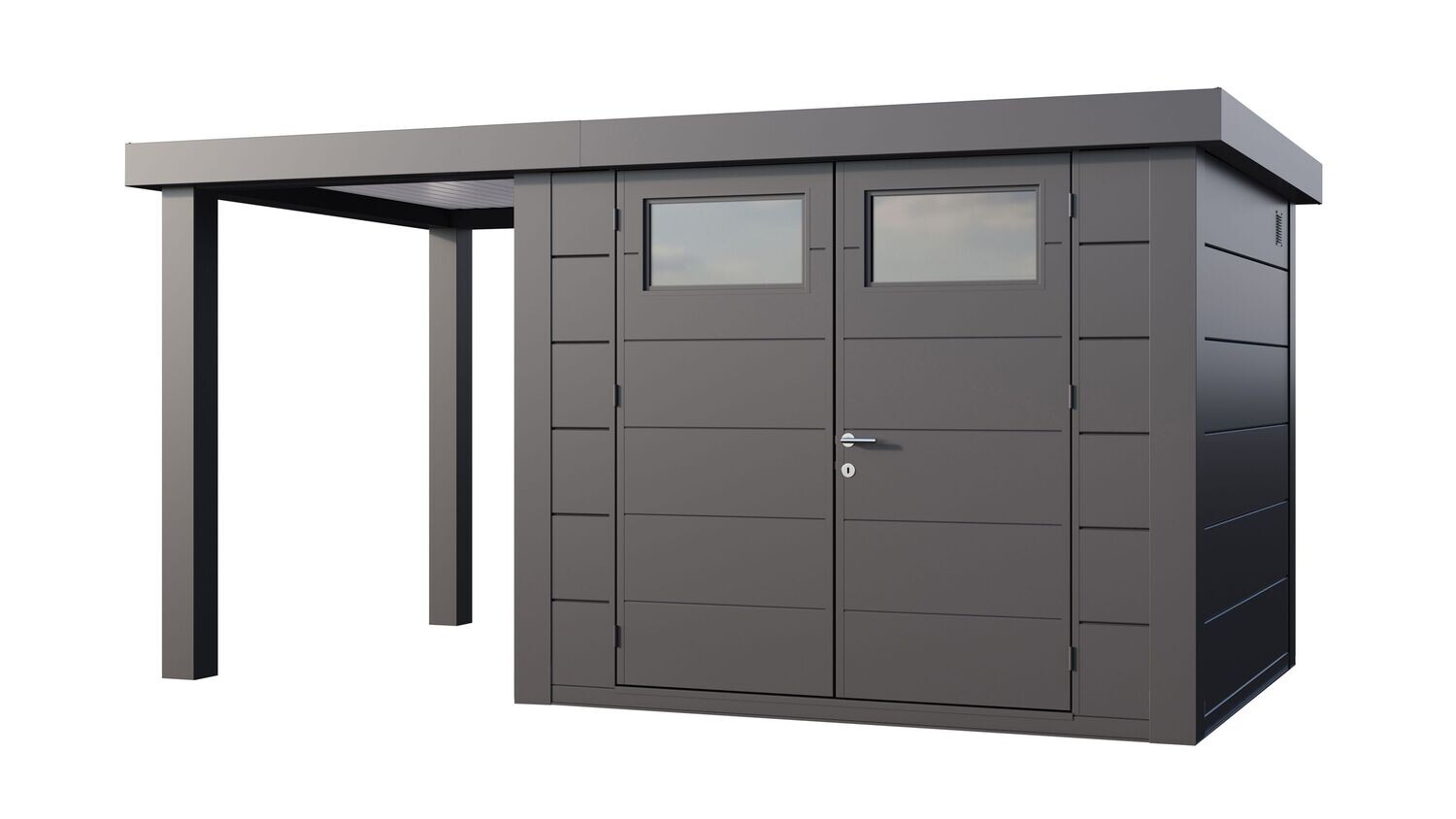 Abri de jardin en acier Eleganto 2724 de 6,4 m² avec auvent small ouvert de 4m²