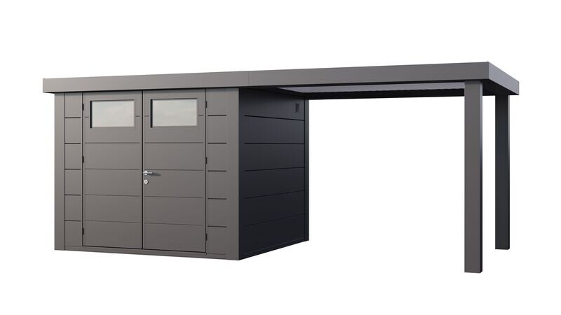 Abri de jardin en acier Eleganto 2724 de 6,4 m² avec auvent large ouvert de 6,8m²