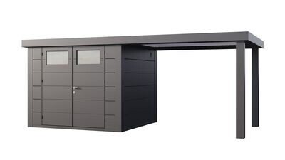 Abri de jardin en acier Eleganto 2724 de 6,4 m² avec auvent large ouvert de 6,8m²