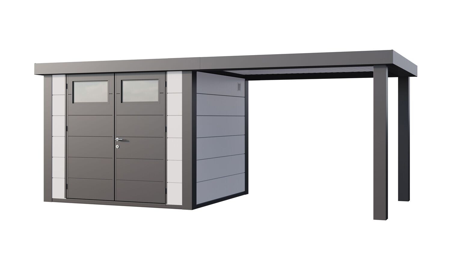 Abri de jardin en acier Eleganto 2724 de 6,4 m² avec auvent large ouvert de 6,8m²