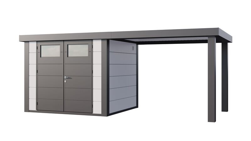 Abri de jardin en acier Eleganto 2724 de 6,4 m² avec auvent large ouvert de 6,8m²