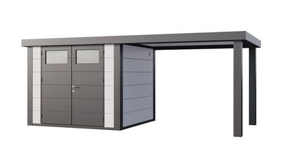 Abri de jardin en acier Eleganto 2724 de 6,4 m² avec auvent large ouvert de 6,8m²