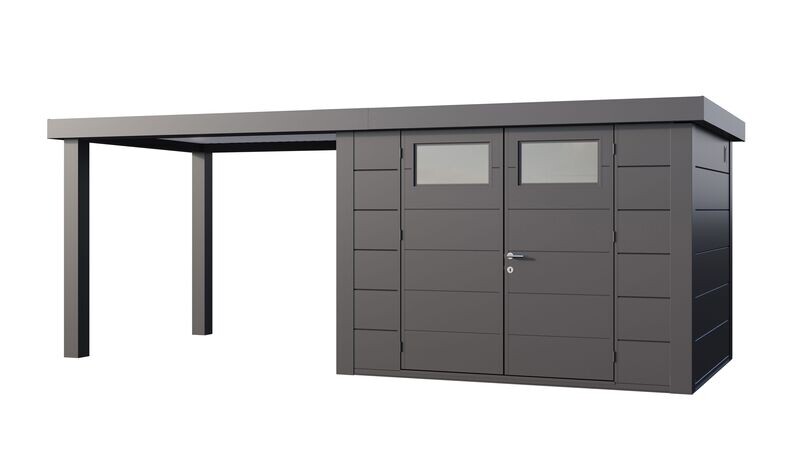 Abri de jardin en acier Eleganto 3024 de 7,1 m² avec auvent large ouvert 6.8m²