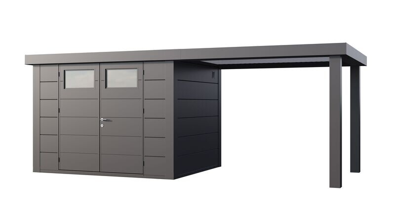 Abri de jardin en acier Eleganto 3024 de 7,1 m² avec auvent large ouvert 6.8m²